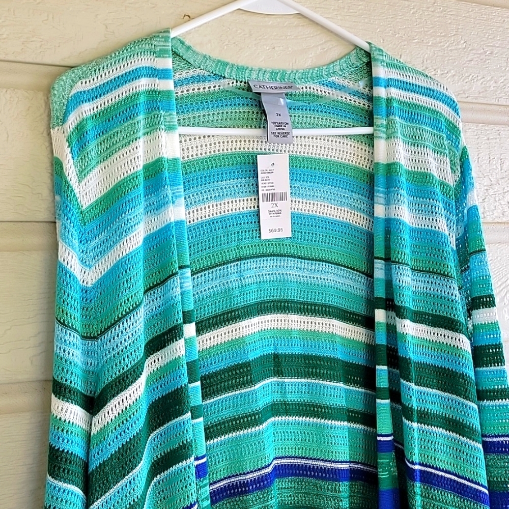 NWT Catherines 2X Open Front Cardigan Blue Green Striped Lightweight - Picture 7 of 12